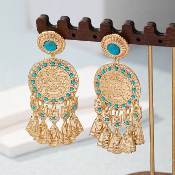 2/$30🌵 Blue Stone Gold Pharoah Egyptian Earrings Tribal Jewelry Gift Boho NEW - Picture 7 of 12